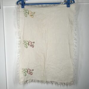 Vintage‎ Handmade Square Tablecloth Floral Leaf Embroidery Fringed Edges Cottage